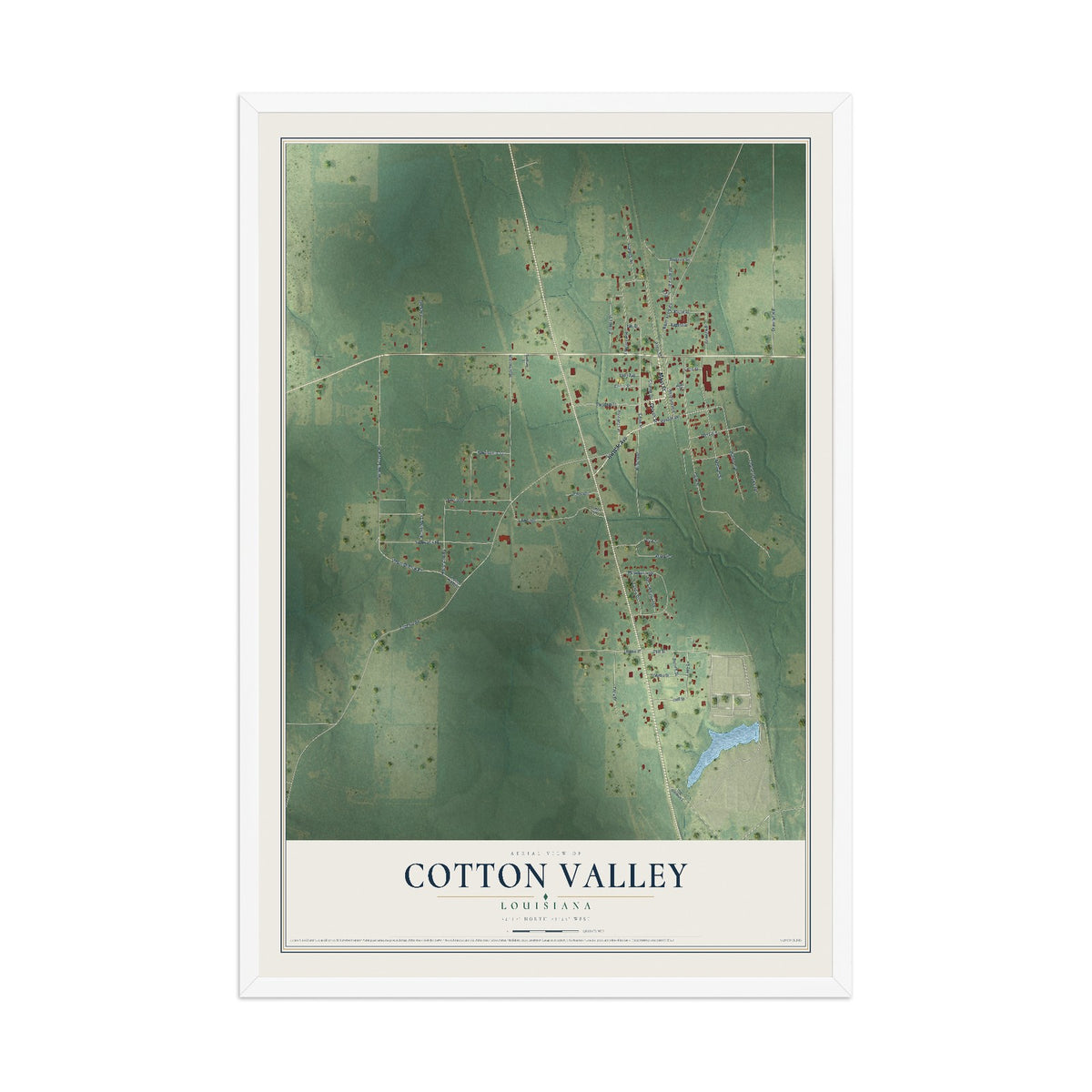 Map of Cotton Valley, Louisiana, 12 x 18 inch print in a white wood frame