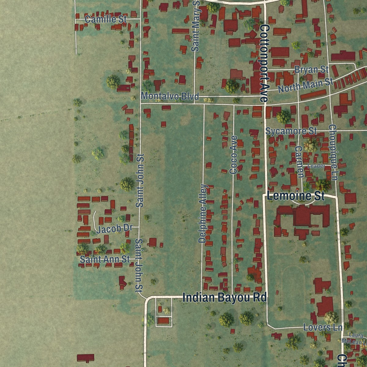 Close-up of the map of Cottonport, Louisiana print showing street and building detail
