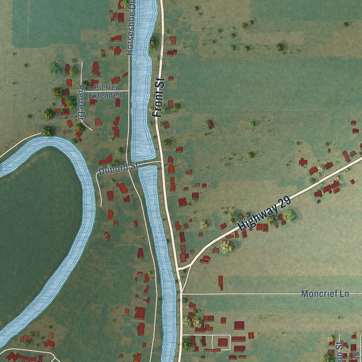 Second close-up of the map of Cottonport, Louisiana print showing more streets and buildings