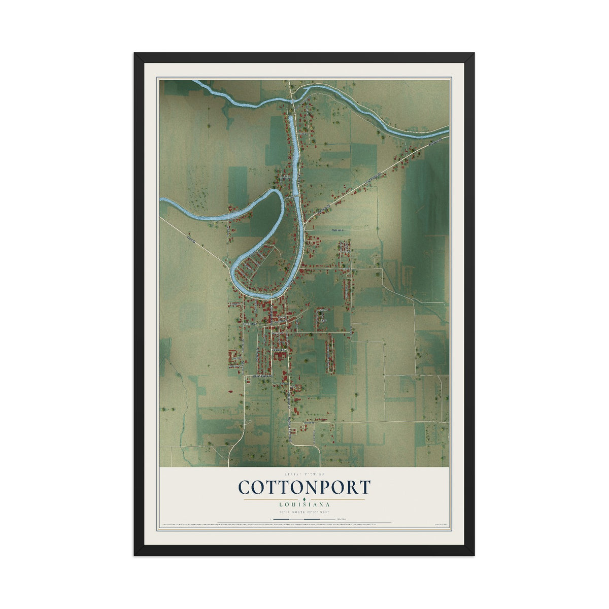 Map of Cottonport, Louisiana, 12 x 18 inch print in a black wood frame
