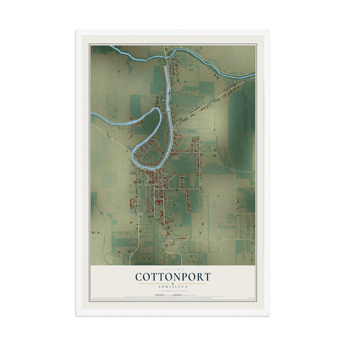 Map of Cottonport, Louisiana, 12 x 18 inch print in a white wood frame
