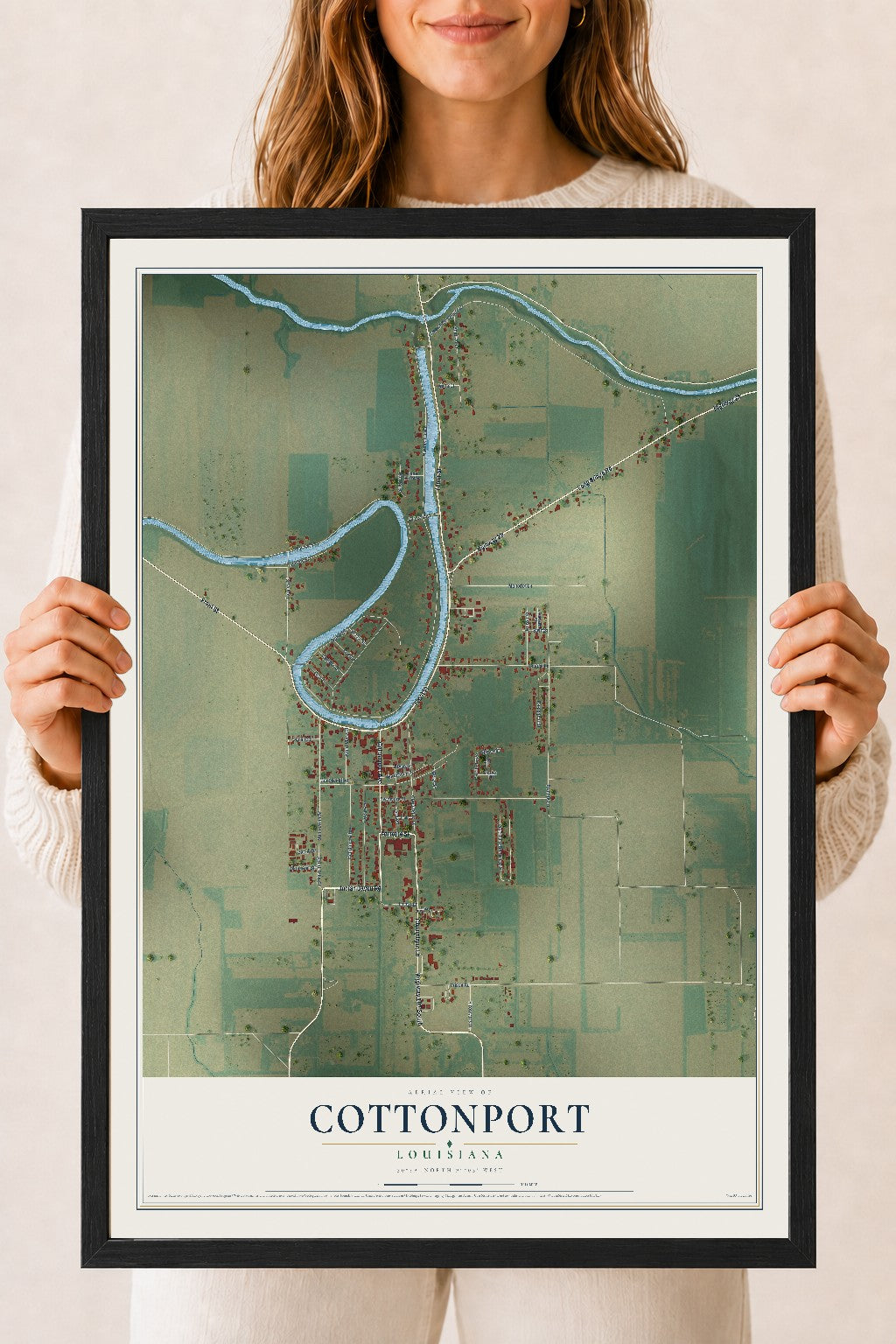 Map of Cottonport, Louisiana, 18 x 24 inch print in a black wood frame