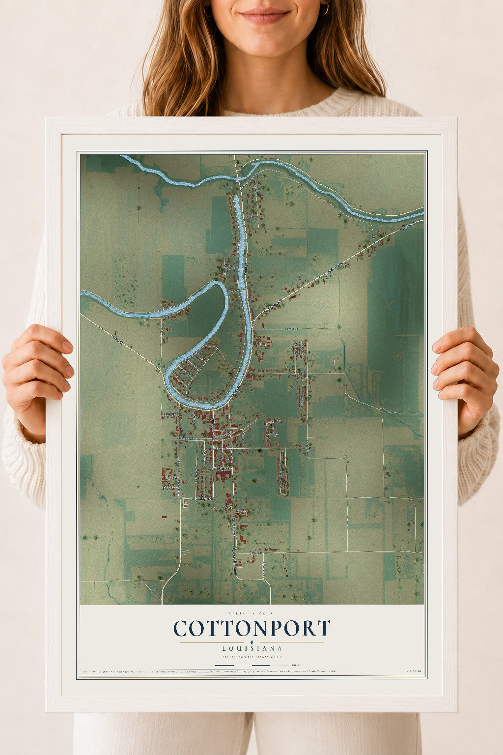 Map of Cottonport, Louisiana, 18 x 24 inch print in a white wood frame