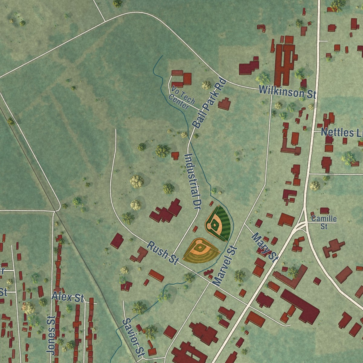 Second close-up of the map of Coushatta, Louisiana print showing more streets and buildings