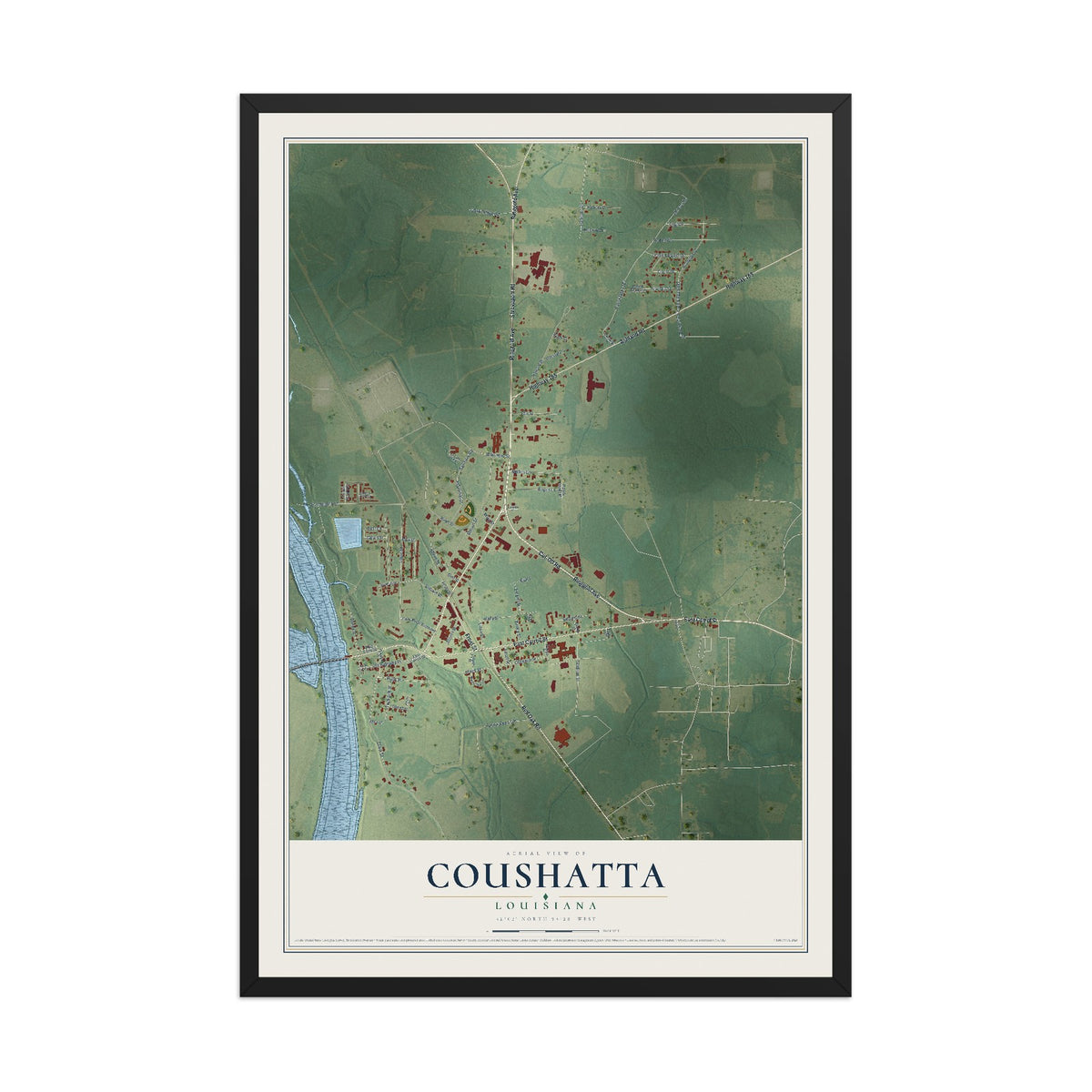 Map of Coushatta, Louisiana, 12 x 18 inch print in a black wood frame