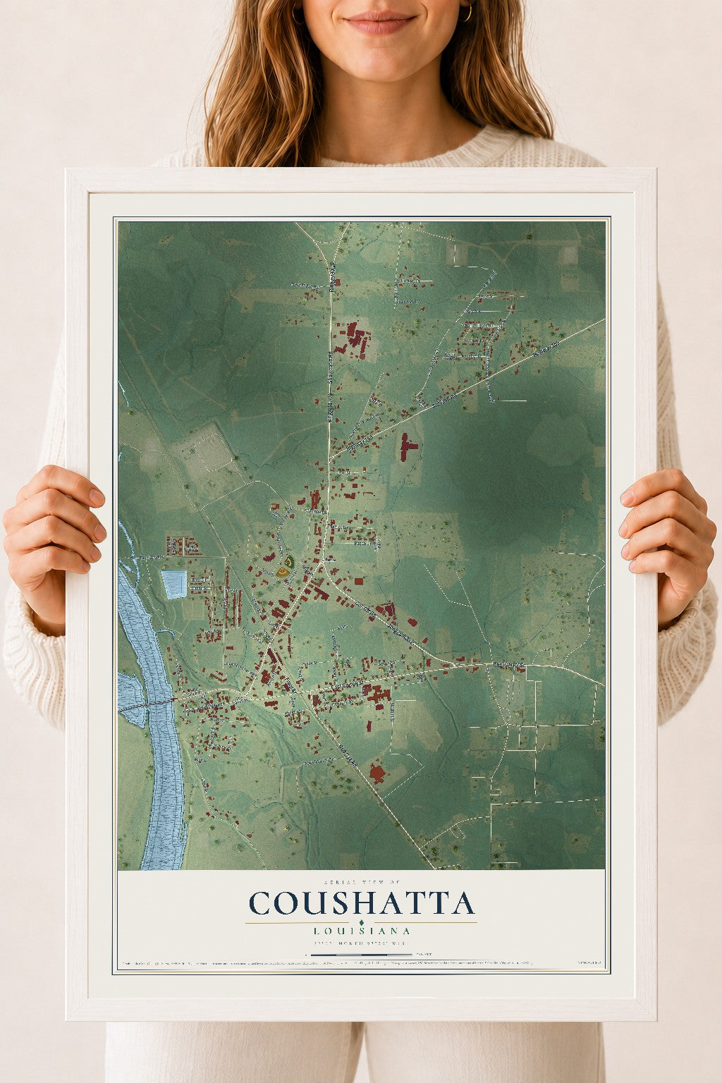 Map of Coushatta, Louisiana, 18 x 24 inch print in a white wood frame