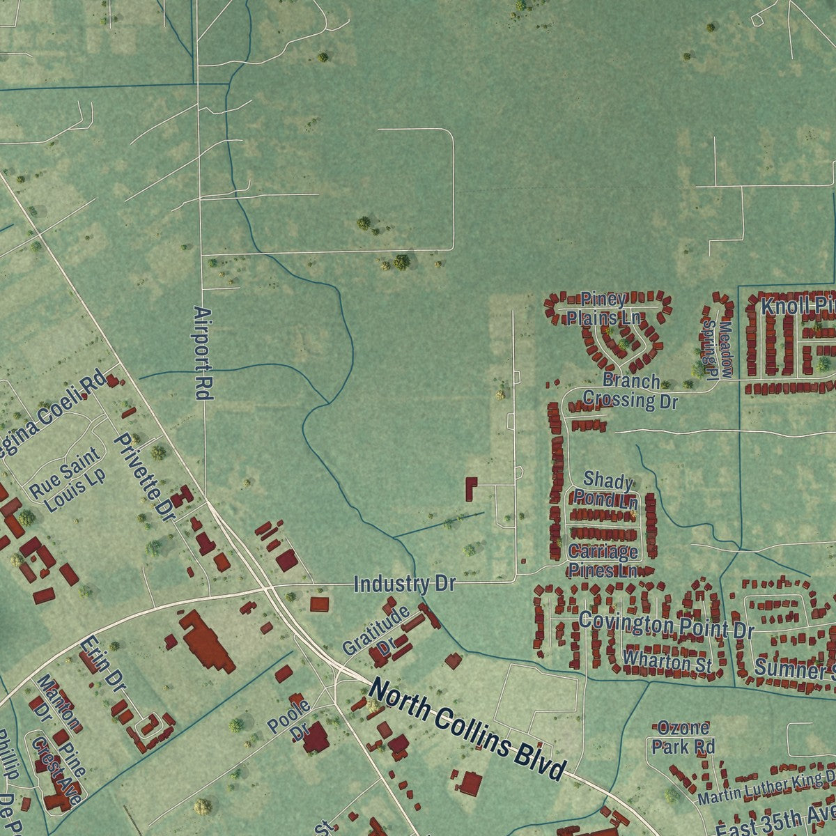 Second close-up of the map of Covington, Louisiana print showing more streets and buildings