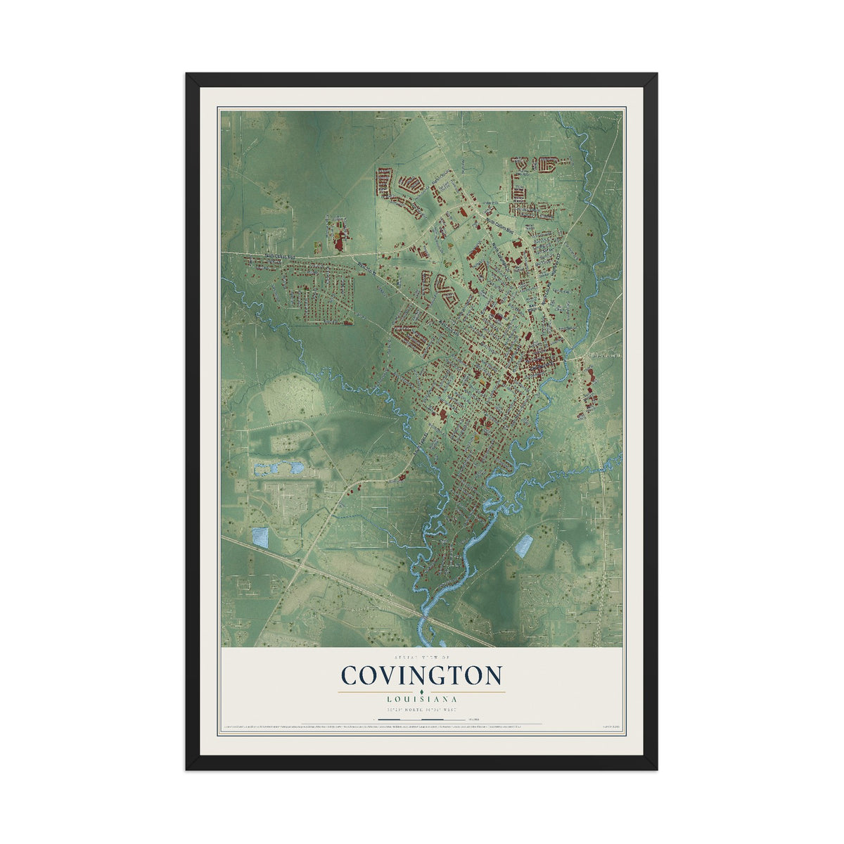 Map of Covington, Louisiana, 12 x 18 inch print in a black wood frame