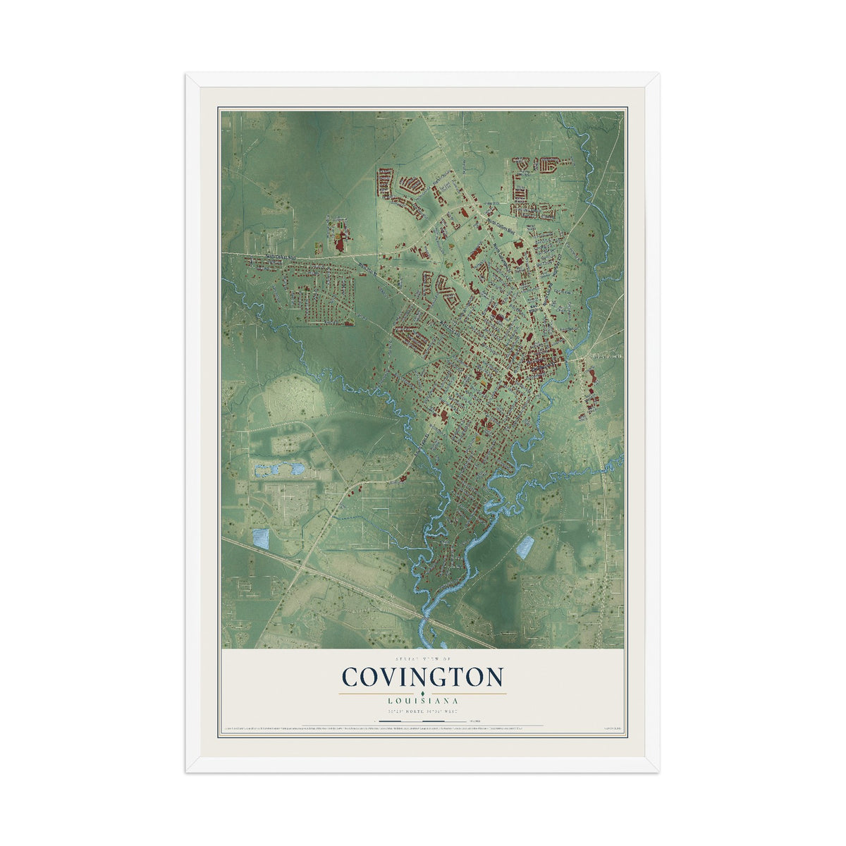 Map of Covington, Louisiana, 12 x 18 inch print in a white wood frame