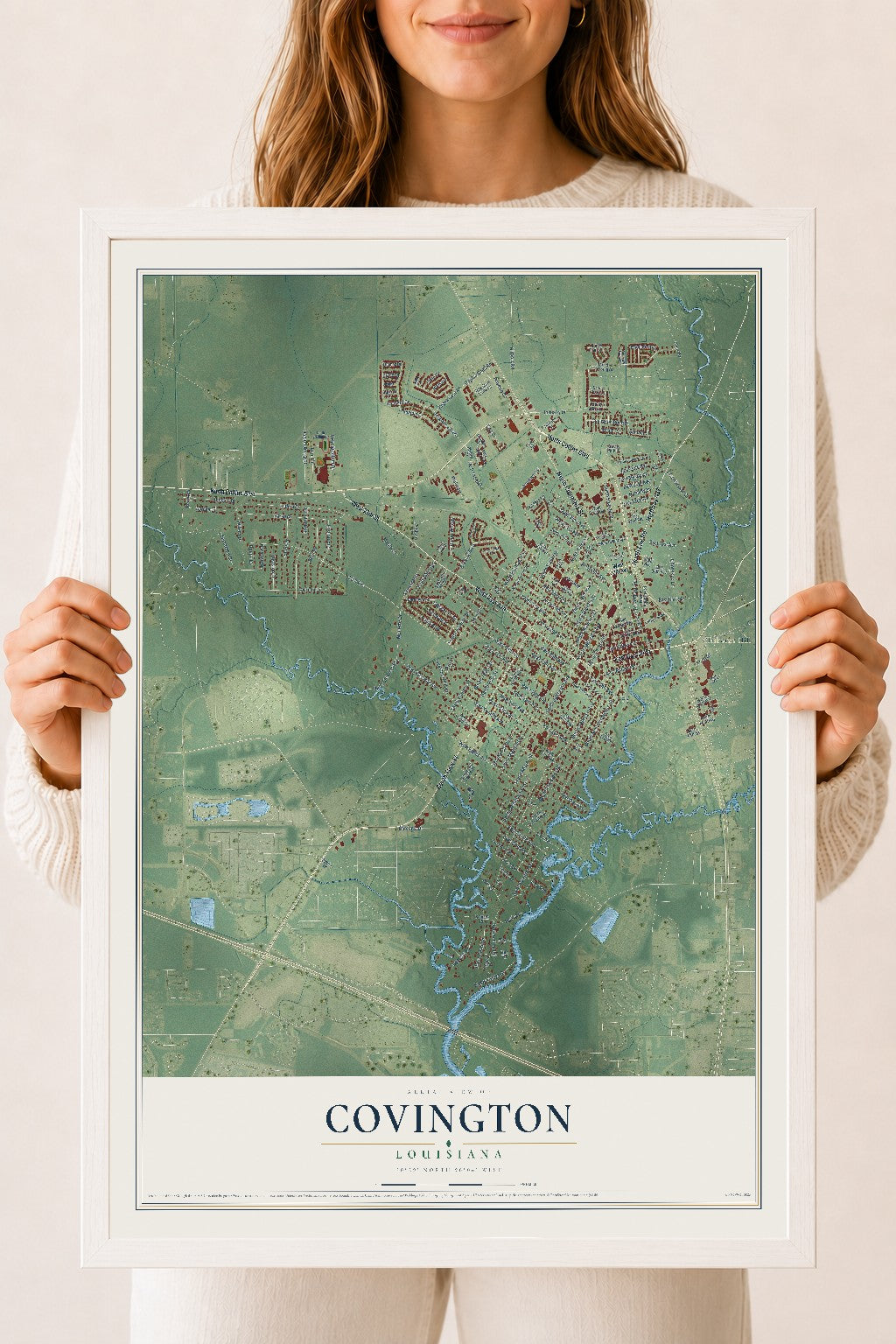 Map of Covington, Louisiana, 18 x 24 inch print in a white wood frame