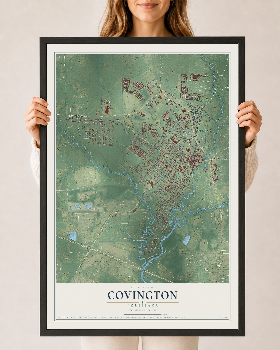 Map of Covington, Louisiana, 24 x 36 inch print in a black wood frame