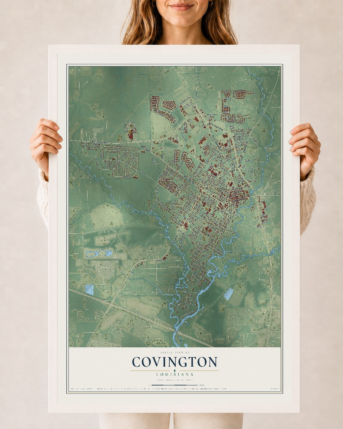 Map of Covington, Louisiana, 24 x 36 inch print in a white wood frame