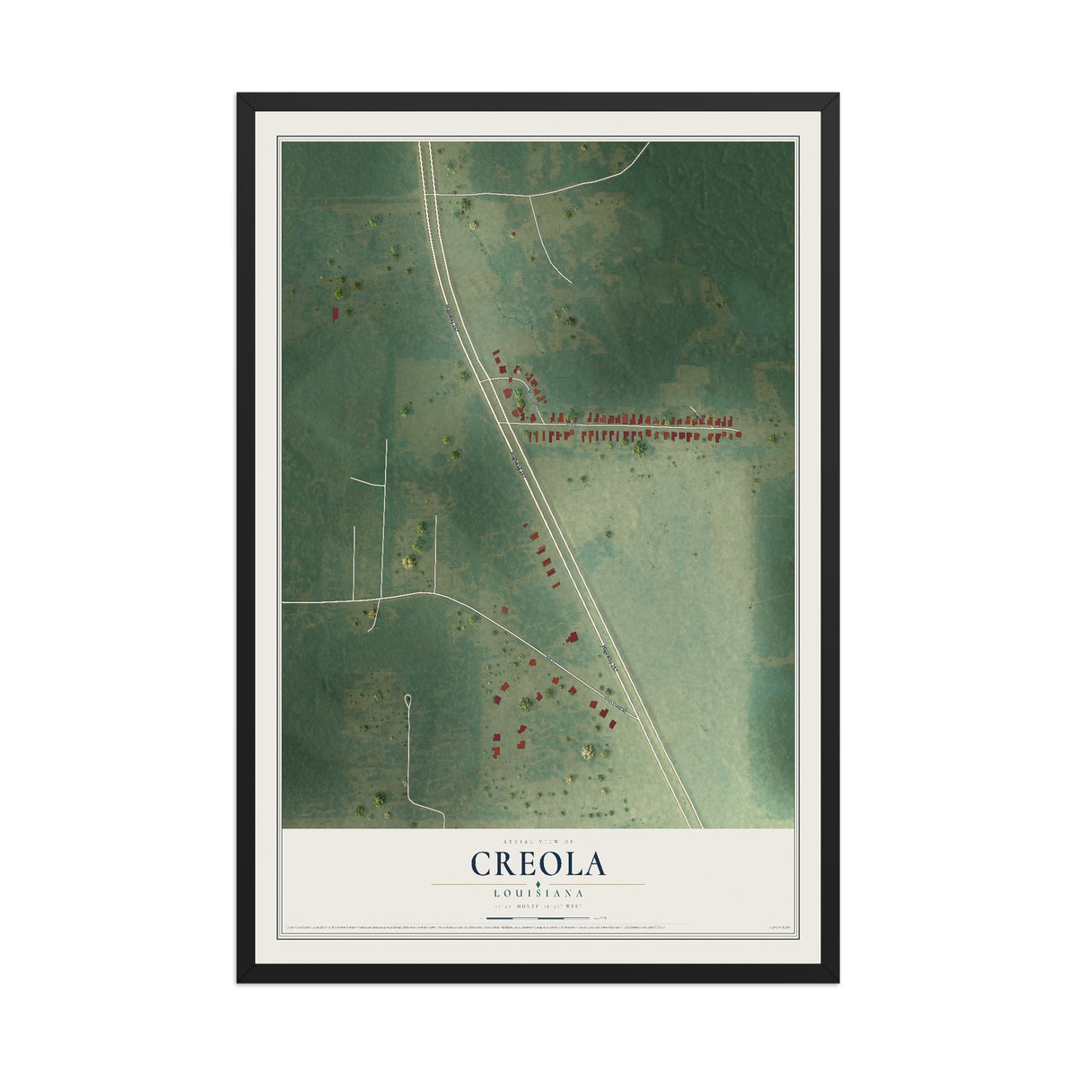 Map of Creola, Louisiana, 12 x 18 inch print in a black wood frame