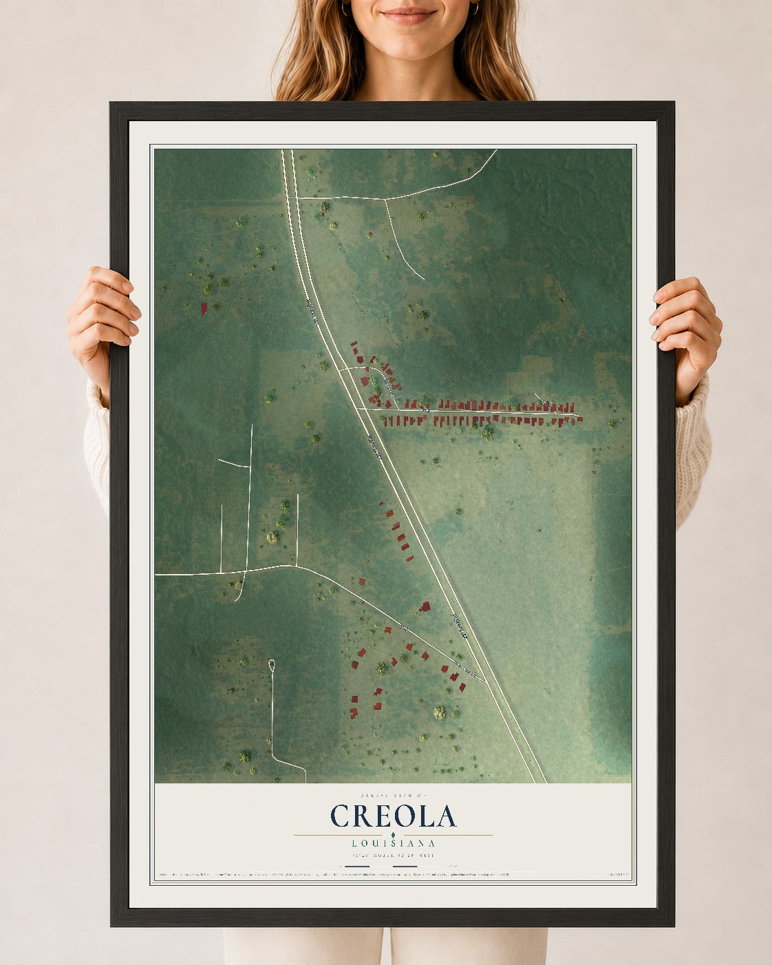 Map of Creola, Louisiana, 24 x 36 inch print in a black wood frame