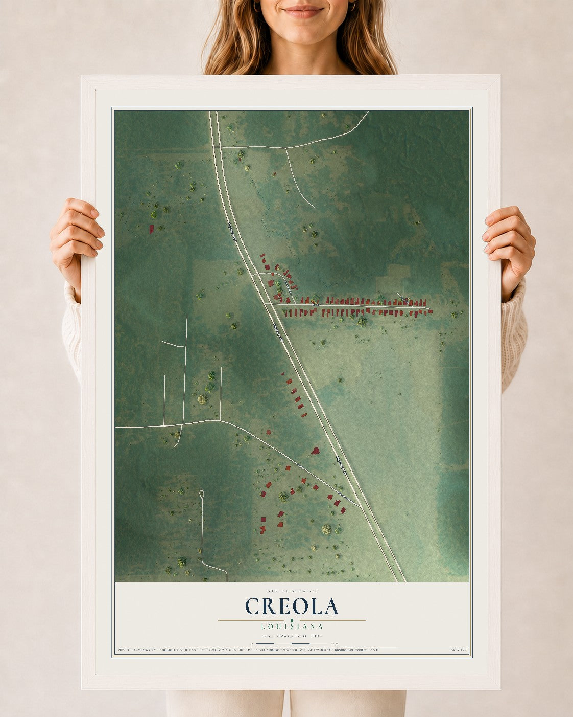 Map of Creola, Louisiana, 24 x 36 inch print in a white wood frame