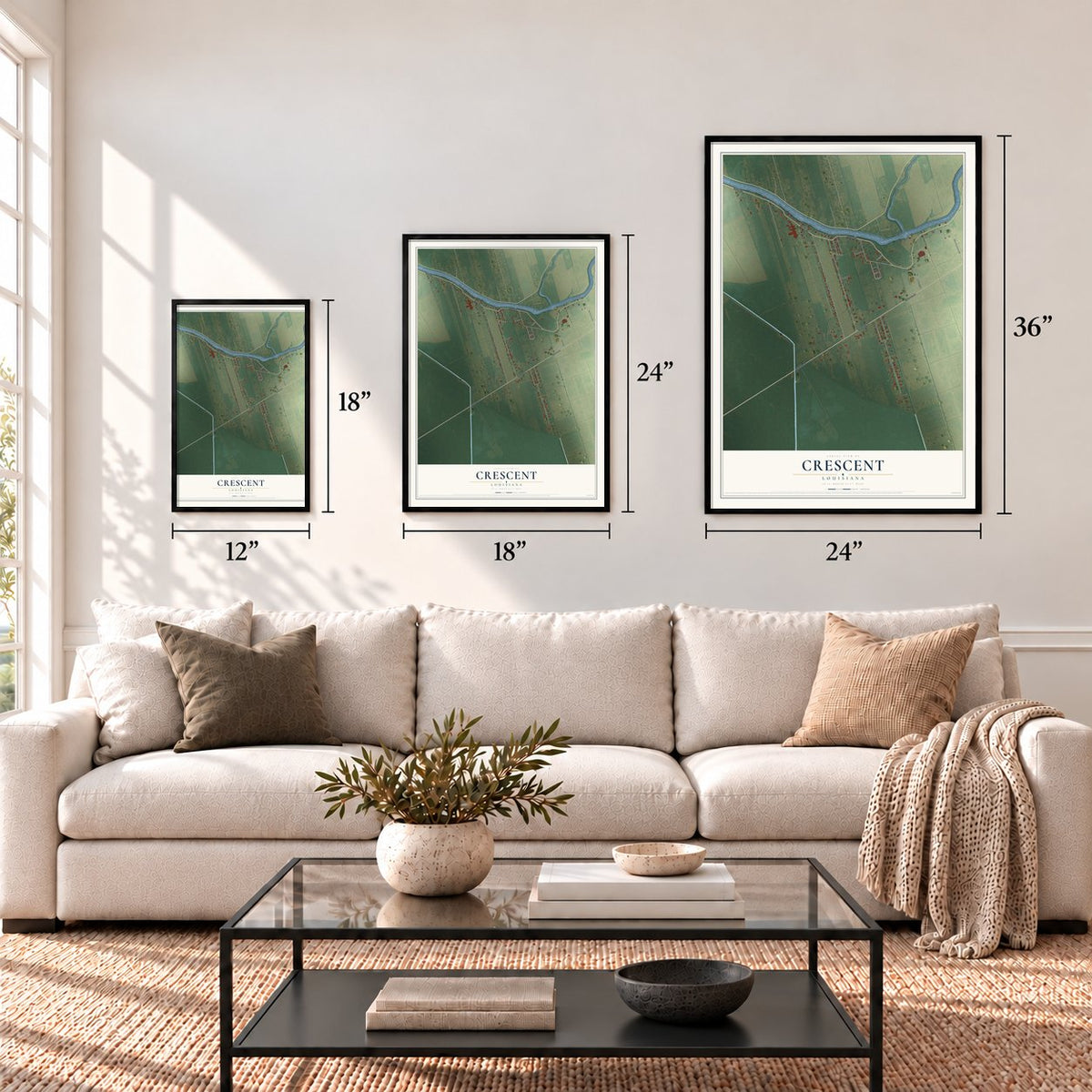 Crescent, Louisiana map in 12 x 18, 18 x 24 and 24 x 36 inch sizes above a sofa