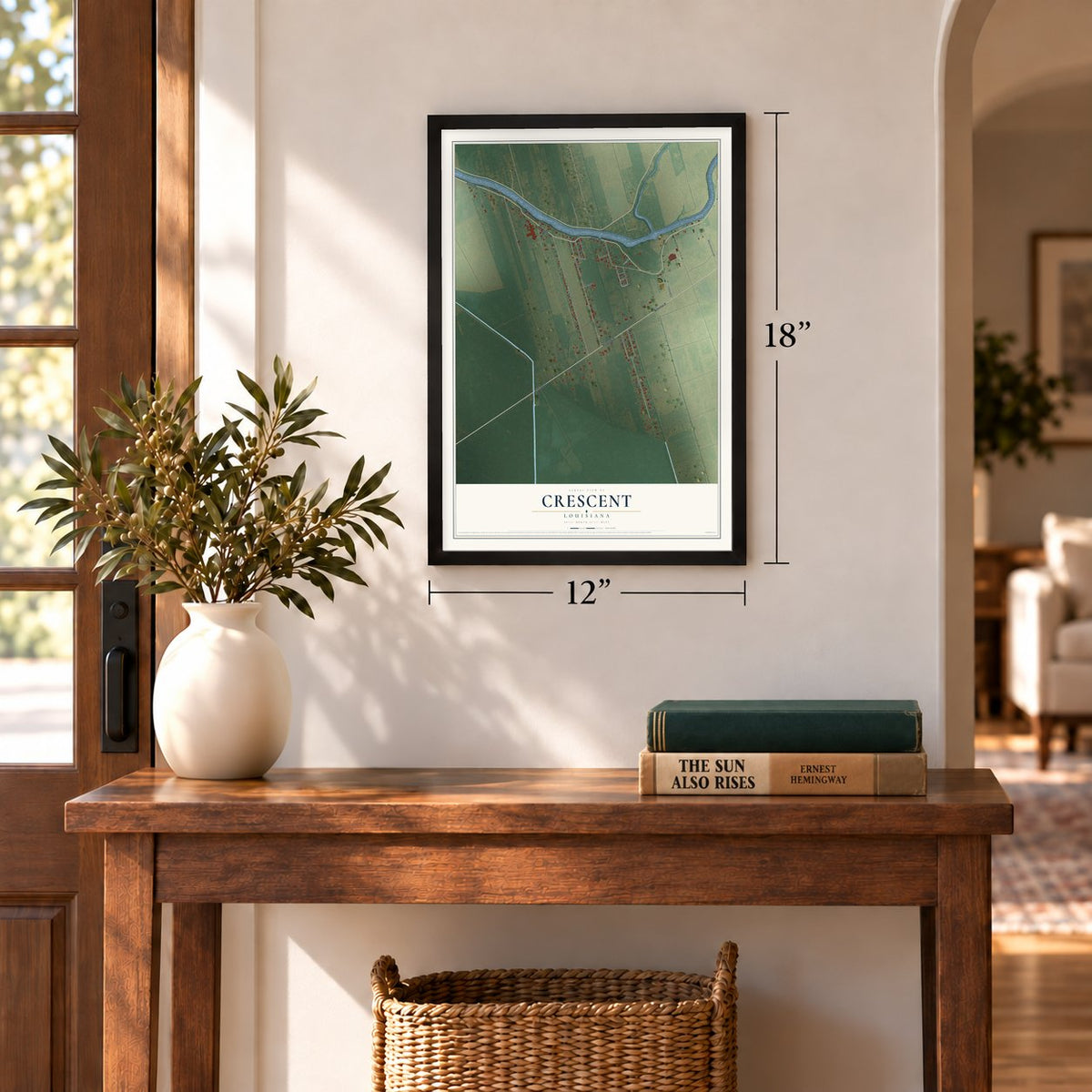 Crescent, Louisiana map, 12 x 18 inch print in a black frame in an entryway