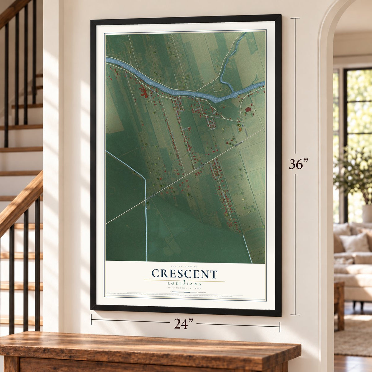 Crescent, Louisiana map, 24 x 36 inch print in a black frame by a staircase