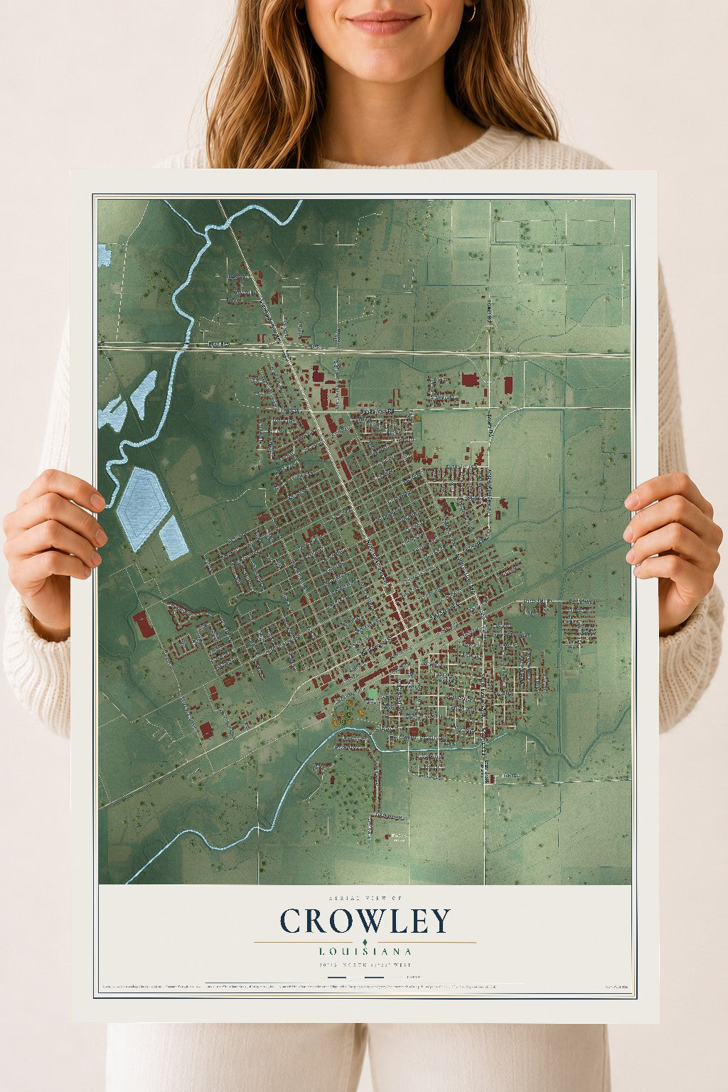 Map of Crowley, Louisiana, 18 x 24 inch unframed archival matte print