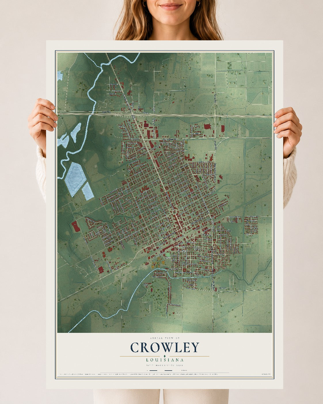 Map of Crowley, Louisiana, 24 x 36 inch unframed archival matte print