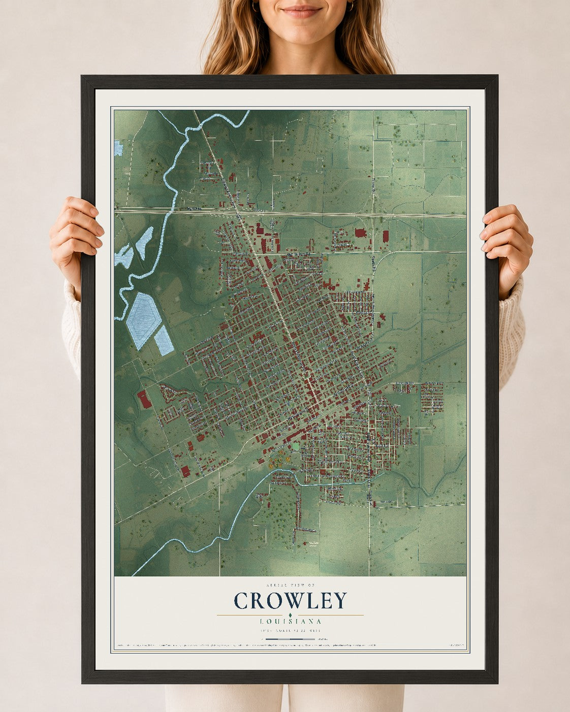 Map of Crowley, Louisiana, 24 x 36 inch print in a black wood frame