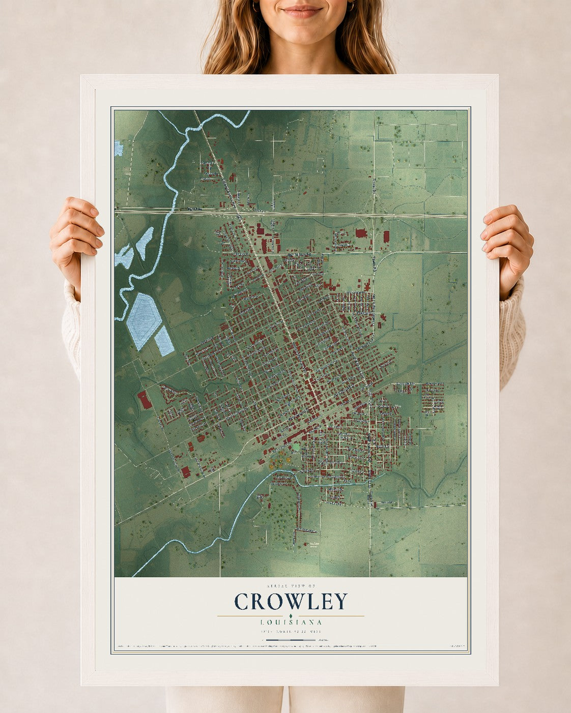 Map of Crowley, Louisiana, 24 x 36 inch print in a white wood frame