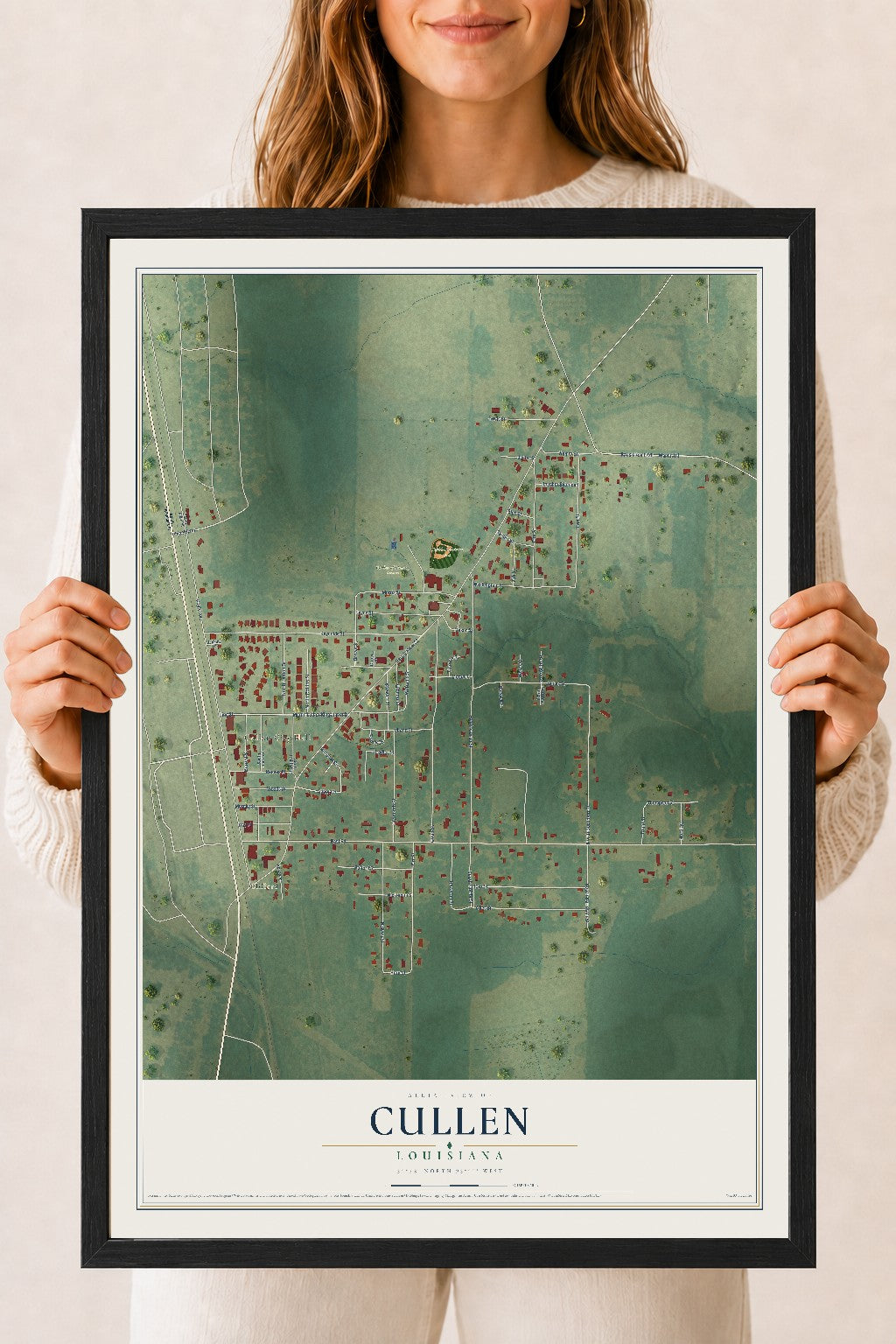 Map of Cullen, Louisiana, 18 x 24 inch print in a black wood frame