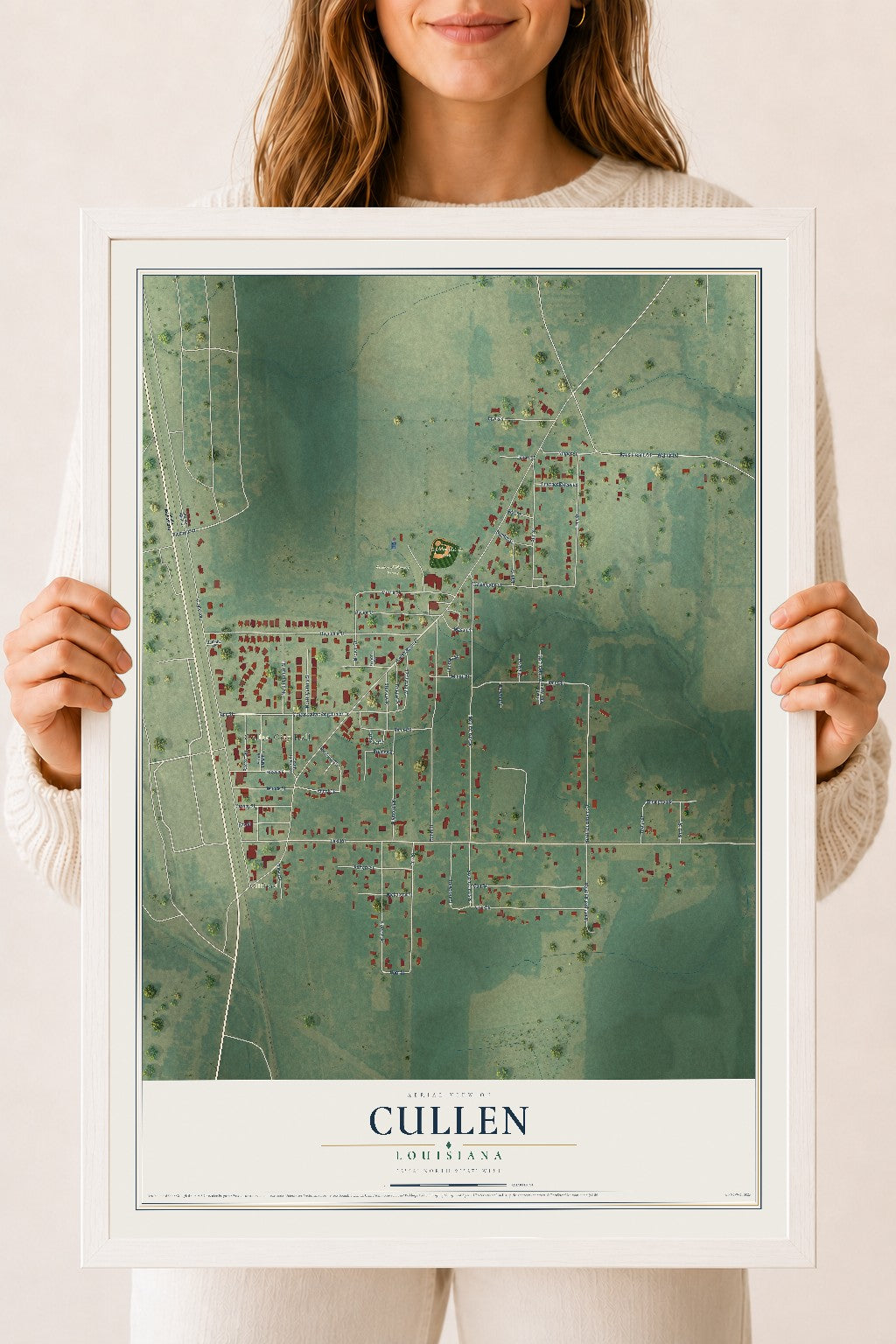 Map of Cullen, Louisiana, 18 x 24 inch print in a white wood frame