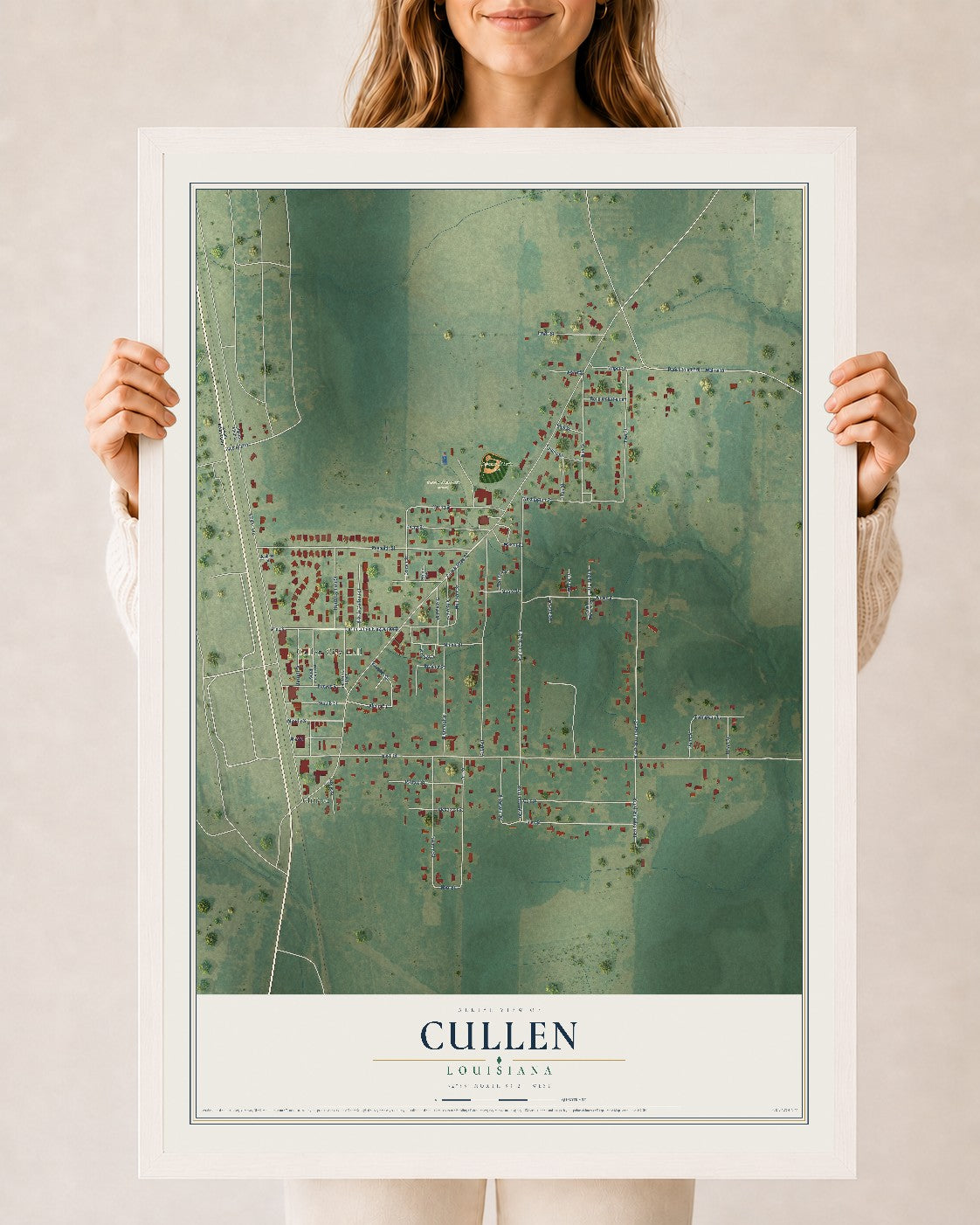 Map of Cullen, Louisiana, 24 x 36 inch print in a white wood frame
