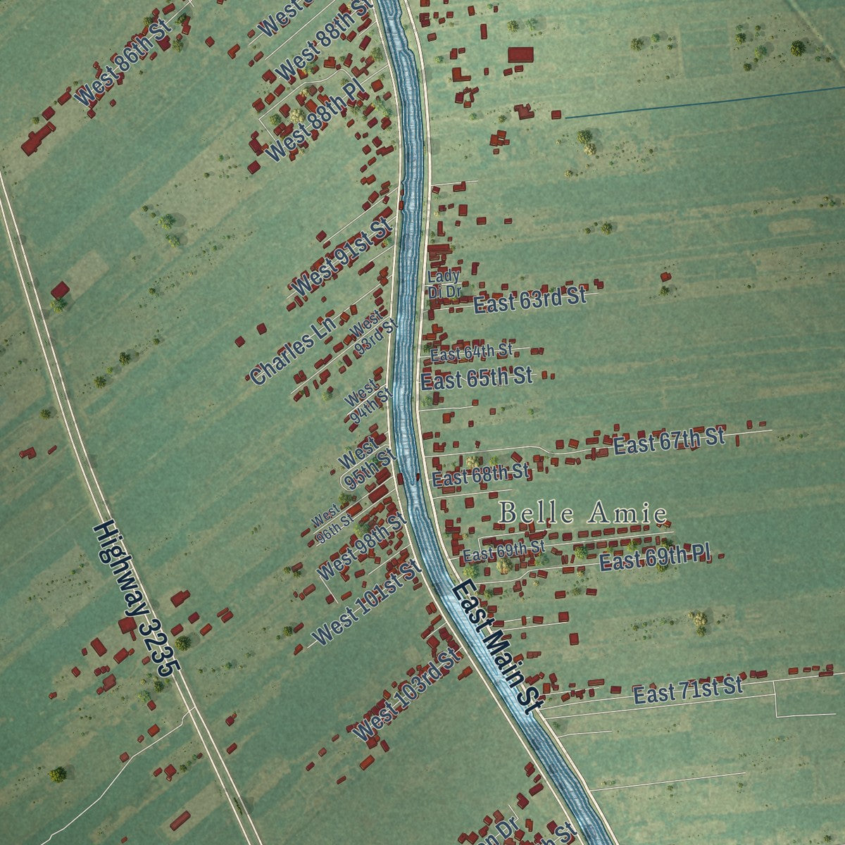 Second close-up of the map of Cut Off, Louisiana print showing more streets and buildings
