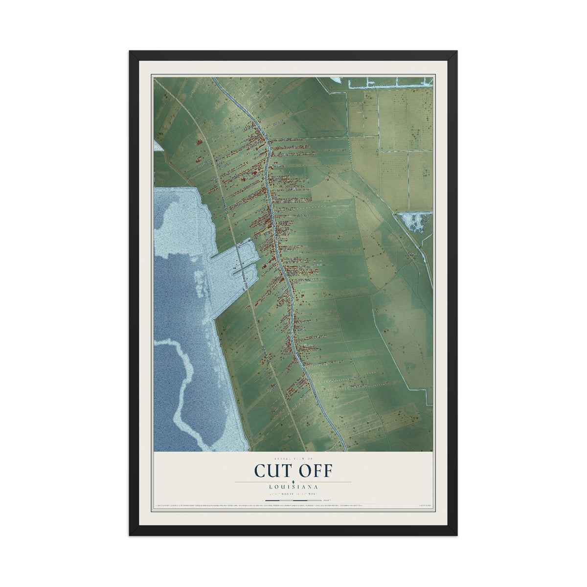 Map of Cut Off, Louisiana, 12 x 18 inch print in a black wood frame