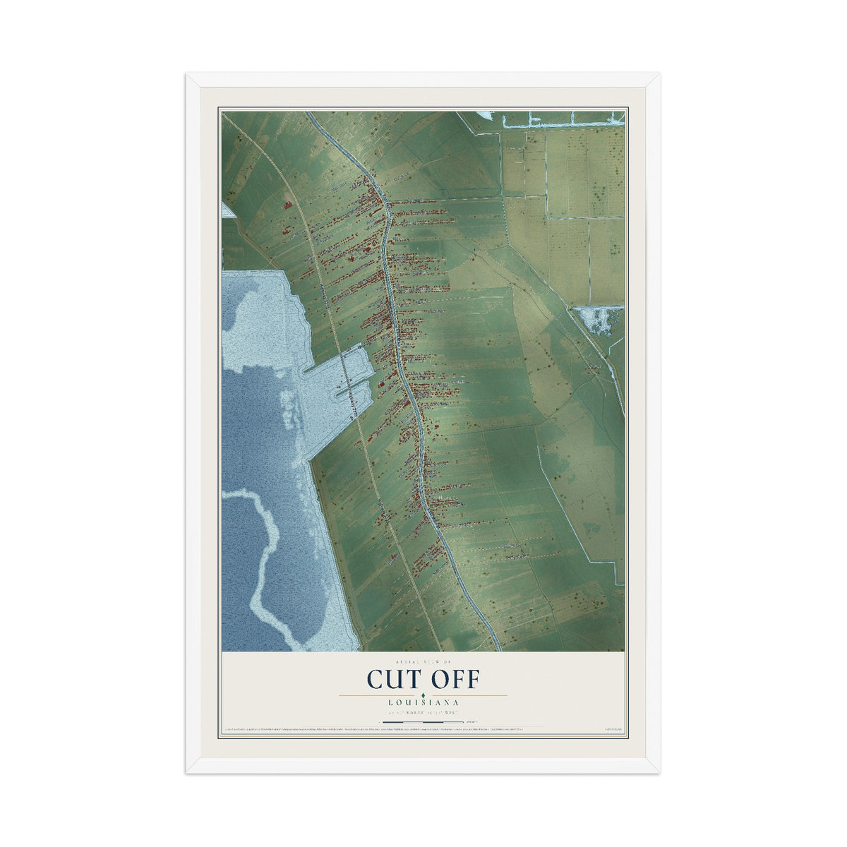Map of Cut Off, Louisiana, 12 x 18 inch print in a white wood frame