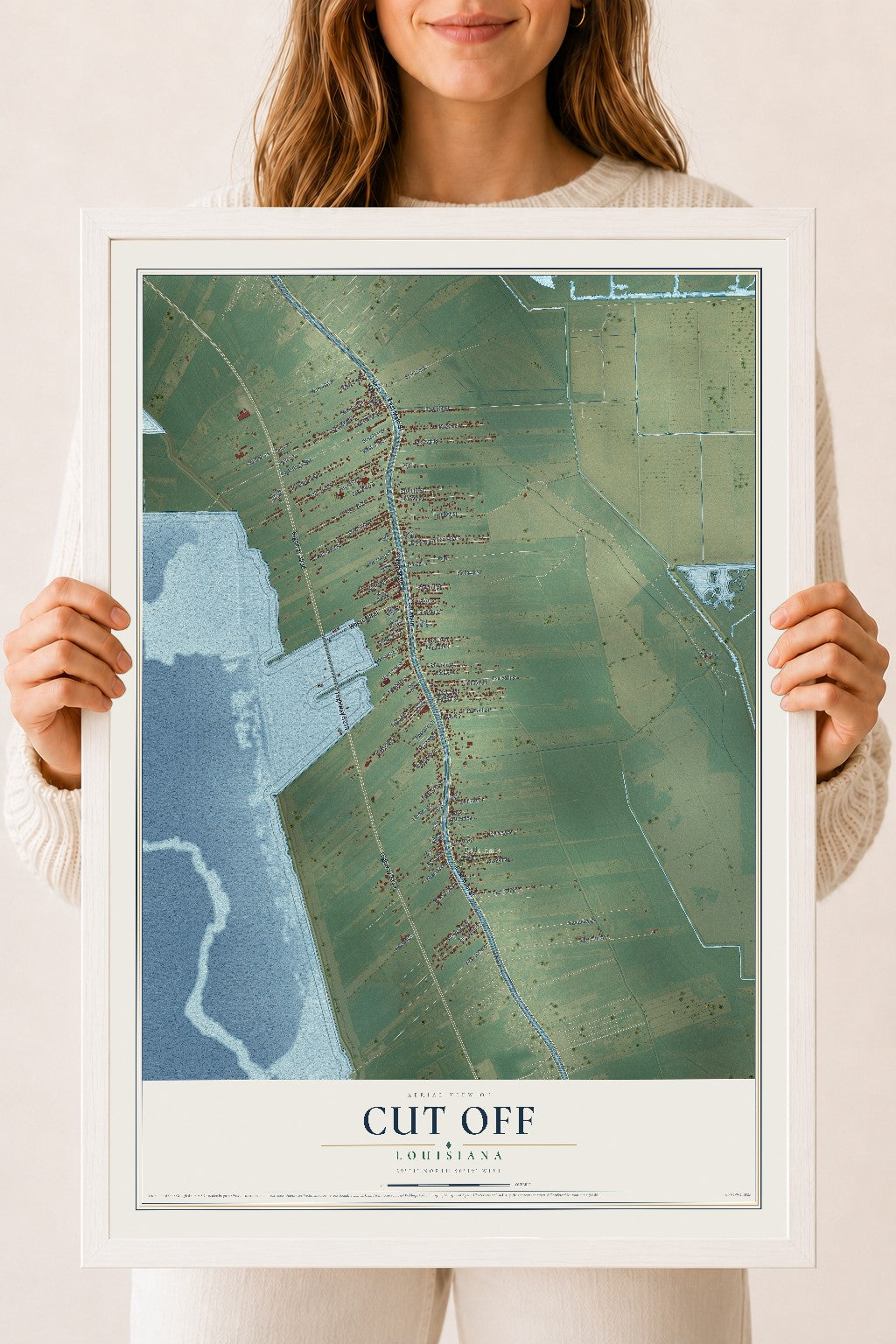 Map of Cut Off, Louisiana, 18 x 24 inch print in a white wood frame