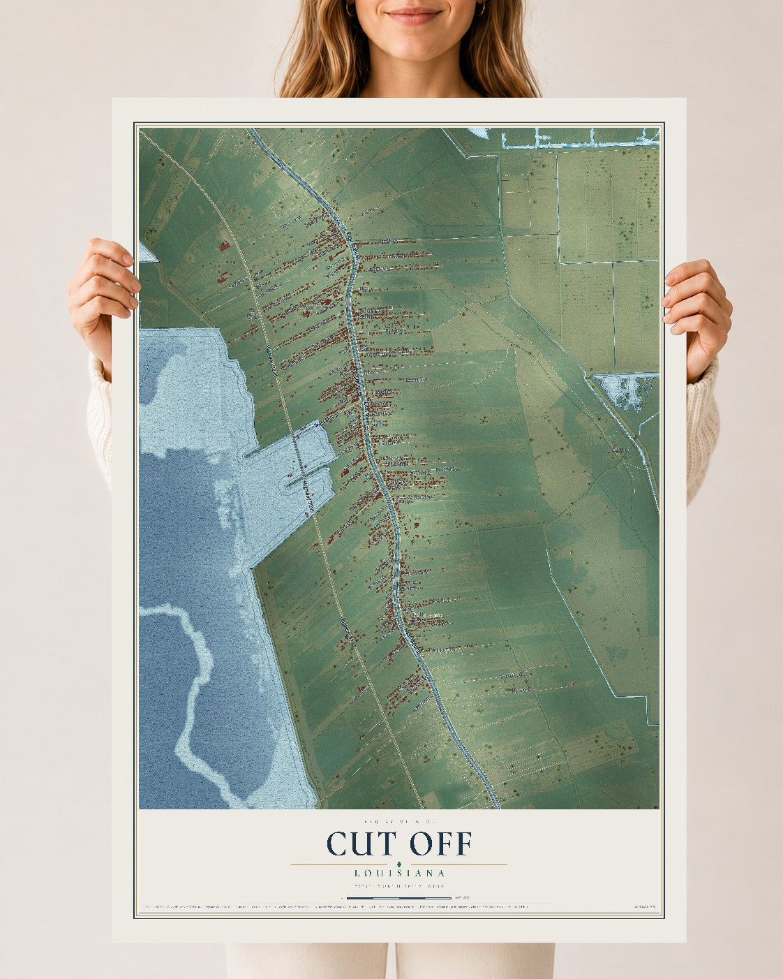 Map of Cut Off, Louisiana, 24 x 36 inch unframed archival matte print