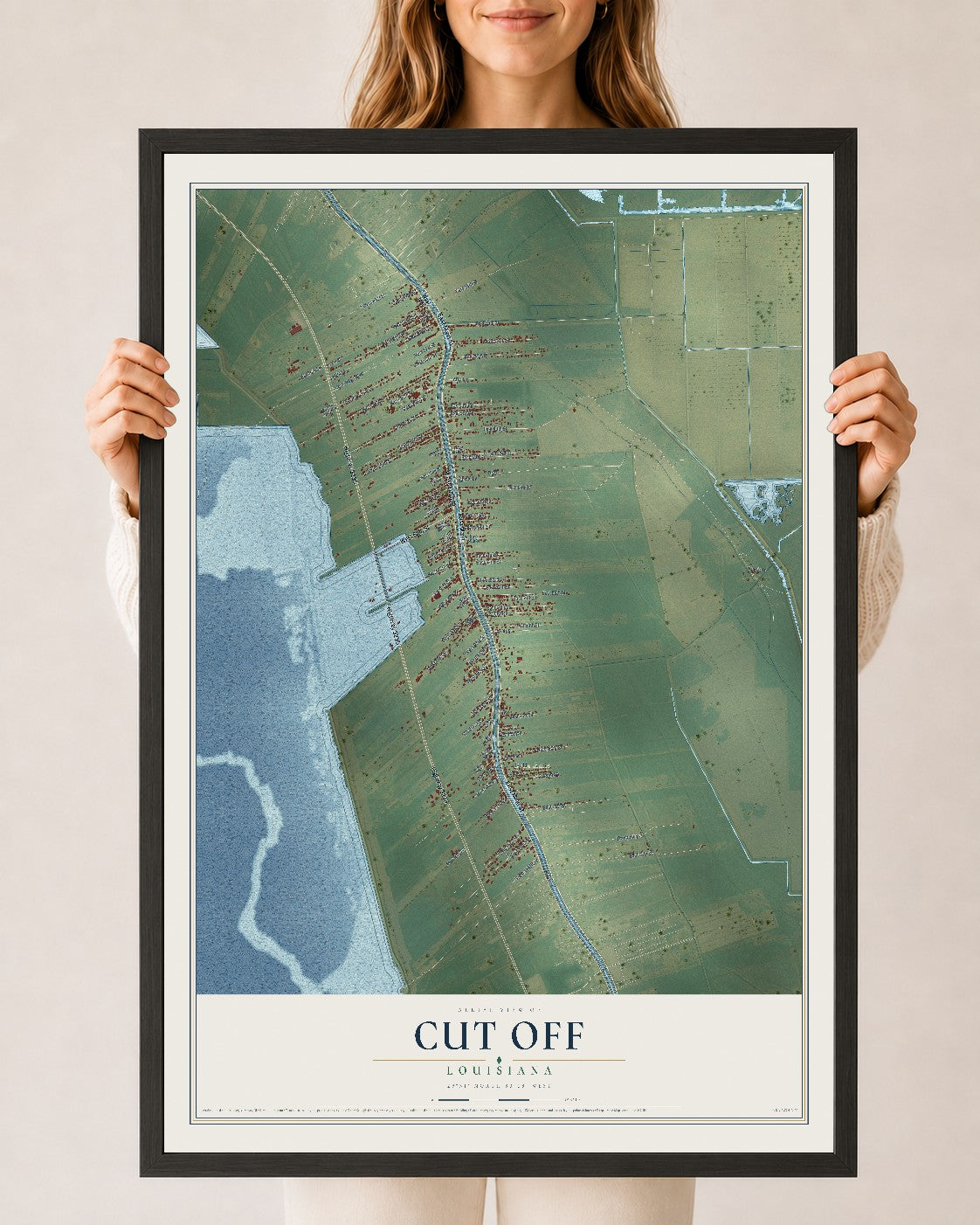 Map of Cut Off, Louisiana, 24 x 36 inch print in a black wood frame