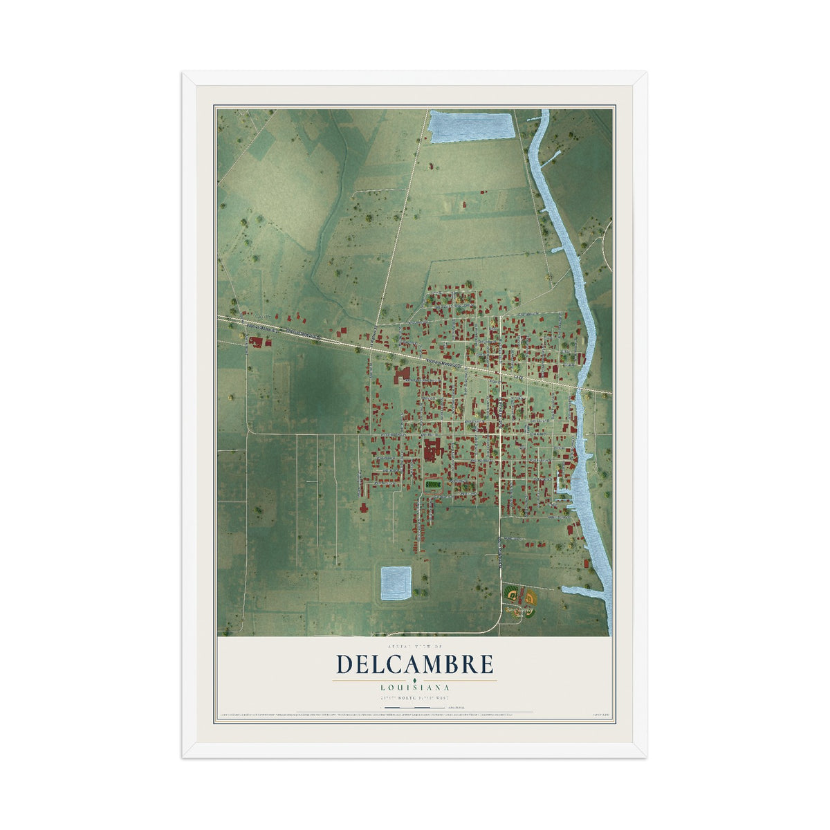 Map of Delcambre, Louisiana, 12 x 18 inch print in a white wood frame