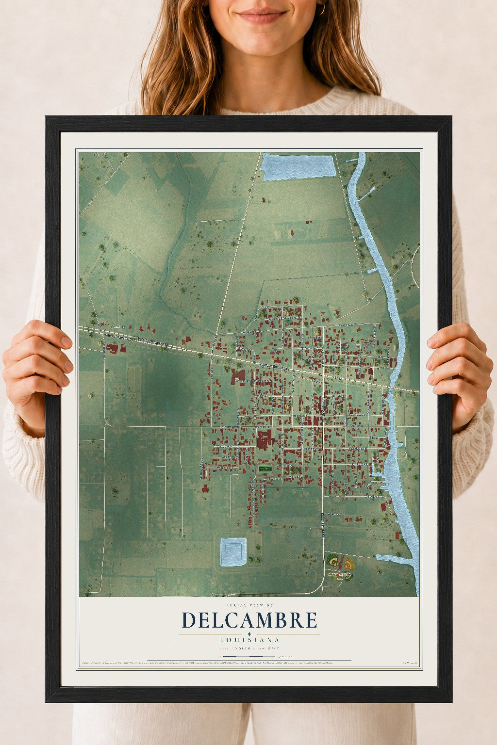 Map of Delcambre, Louisiana, 18 x 24 inch print in a black wood frame