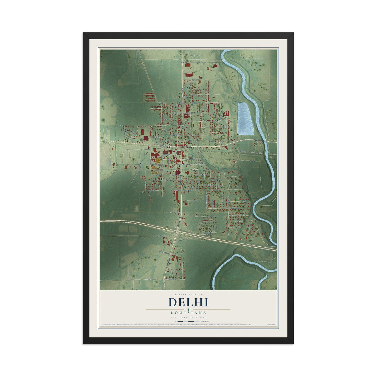 Map of Delhi, Louisiana, 12 x 18 inch print in a black wood frame