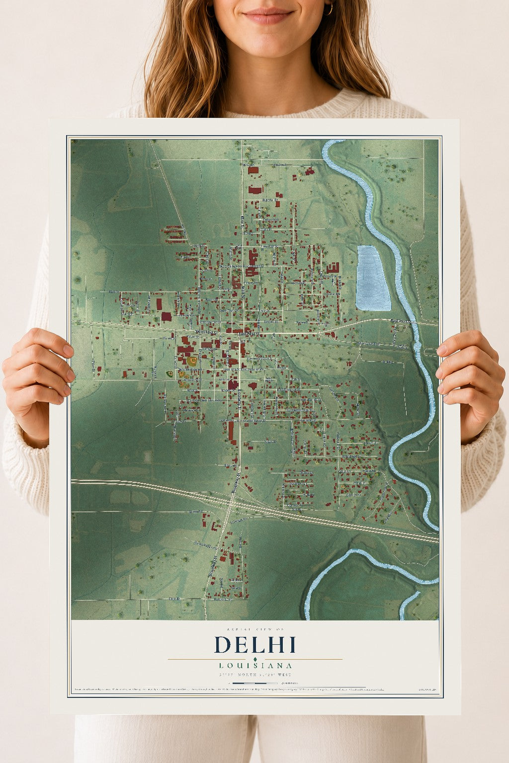 Map of Delhi, Louisiana, 18 x 24 inch unframed archival matte print