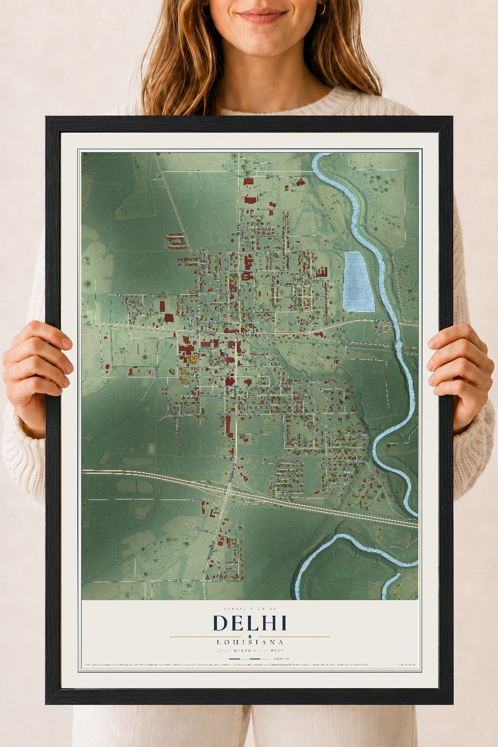 Map of Delhi, Louisiana, 18 x 24 inch print in a black wood frame