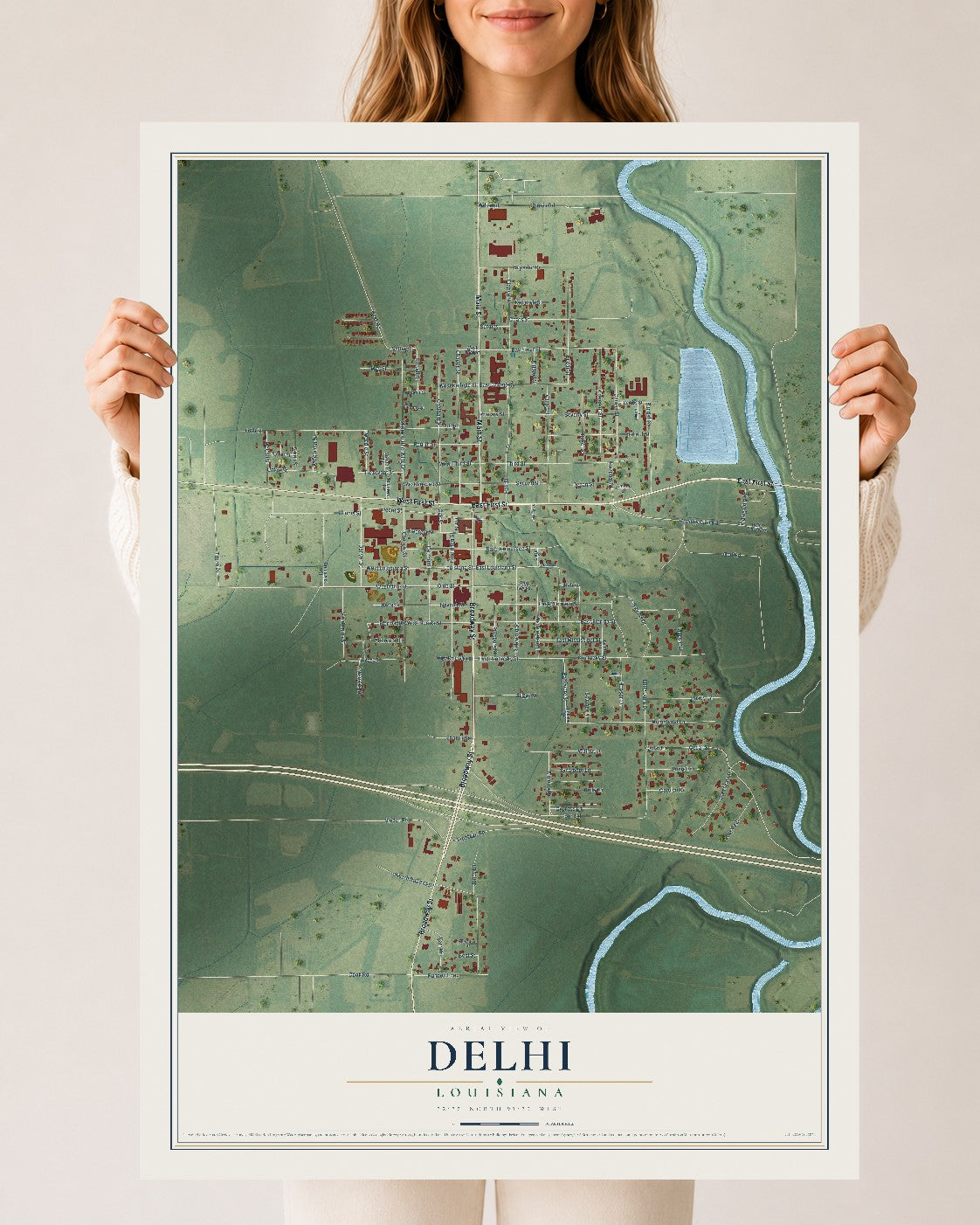 Map of Delhi, Louisiana, 24 x 36 inch unframed archival matte print