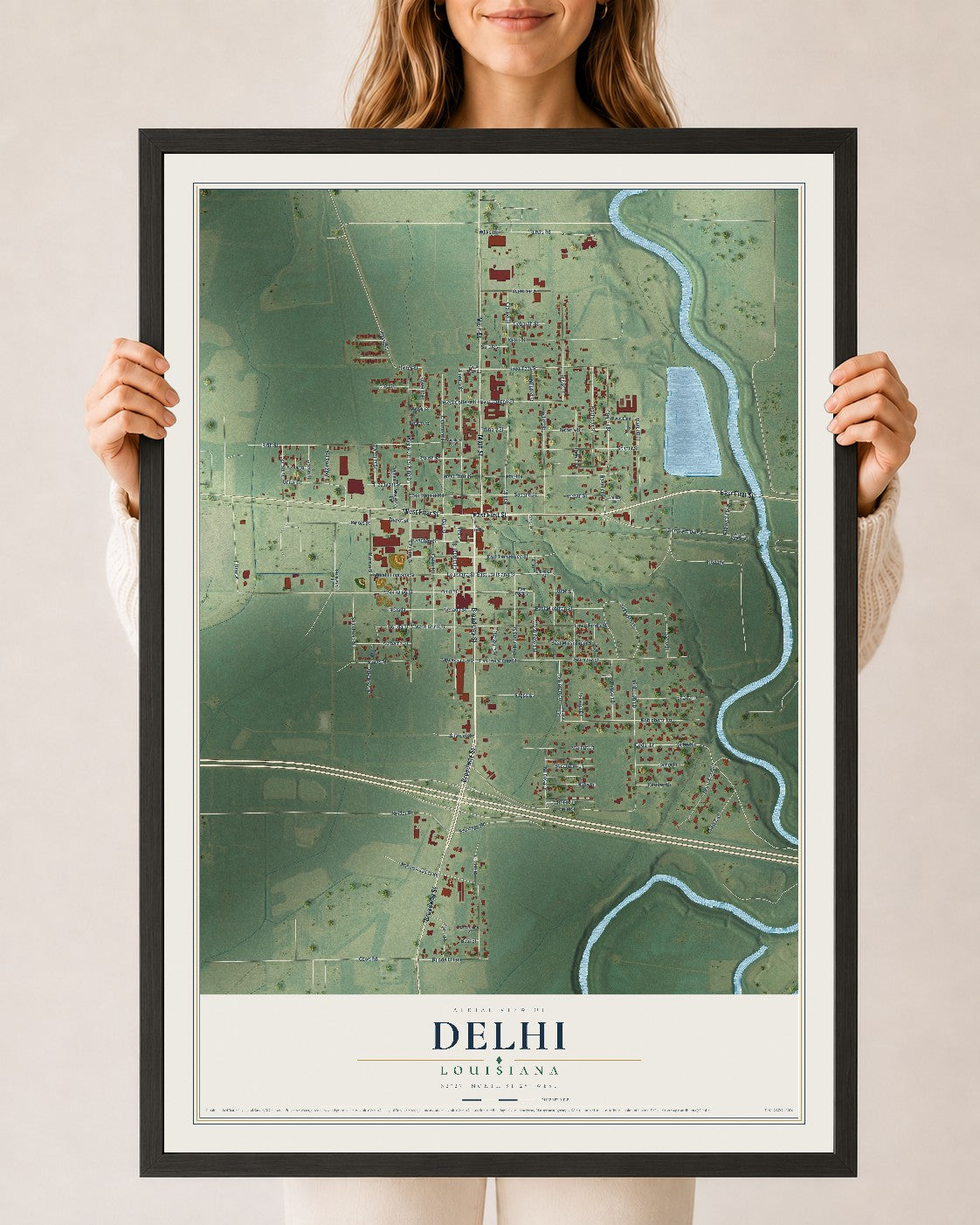 Map of Delhi, Louisiana, 24 x 36 inch print in a black wood frame