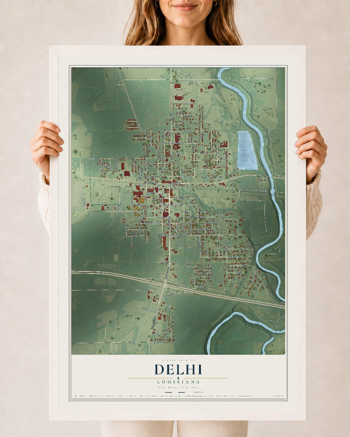 Map of Delhi, Louisiana, 24 x 36 inch print in a white wood frame