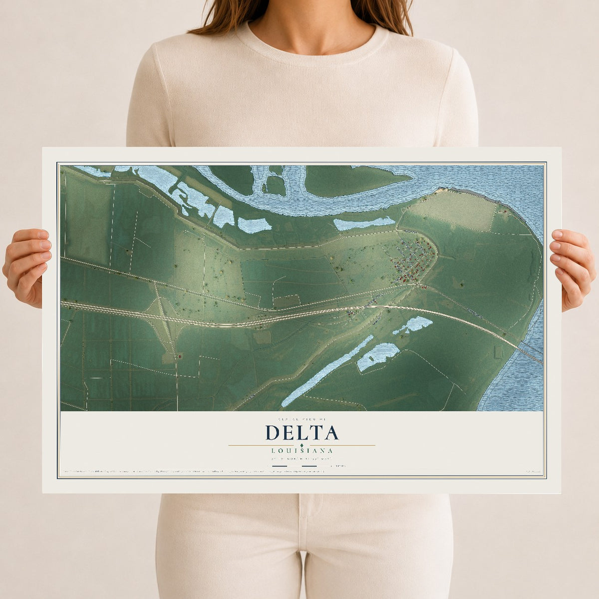 Map of Delta, Louisiana, 12 x 18 inch unframed archival matte print