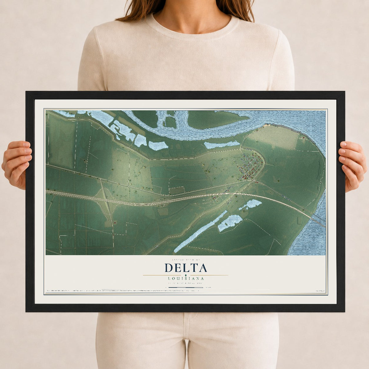 Map of Delta, Louisiana, 12 x 18 inch print in a black wood frame