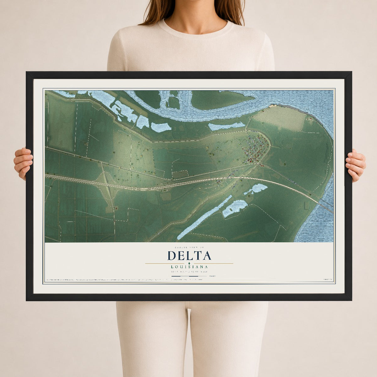 Map of Delta, Louisiana, 24 x 36 inch print in a black wood frame