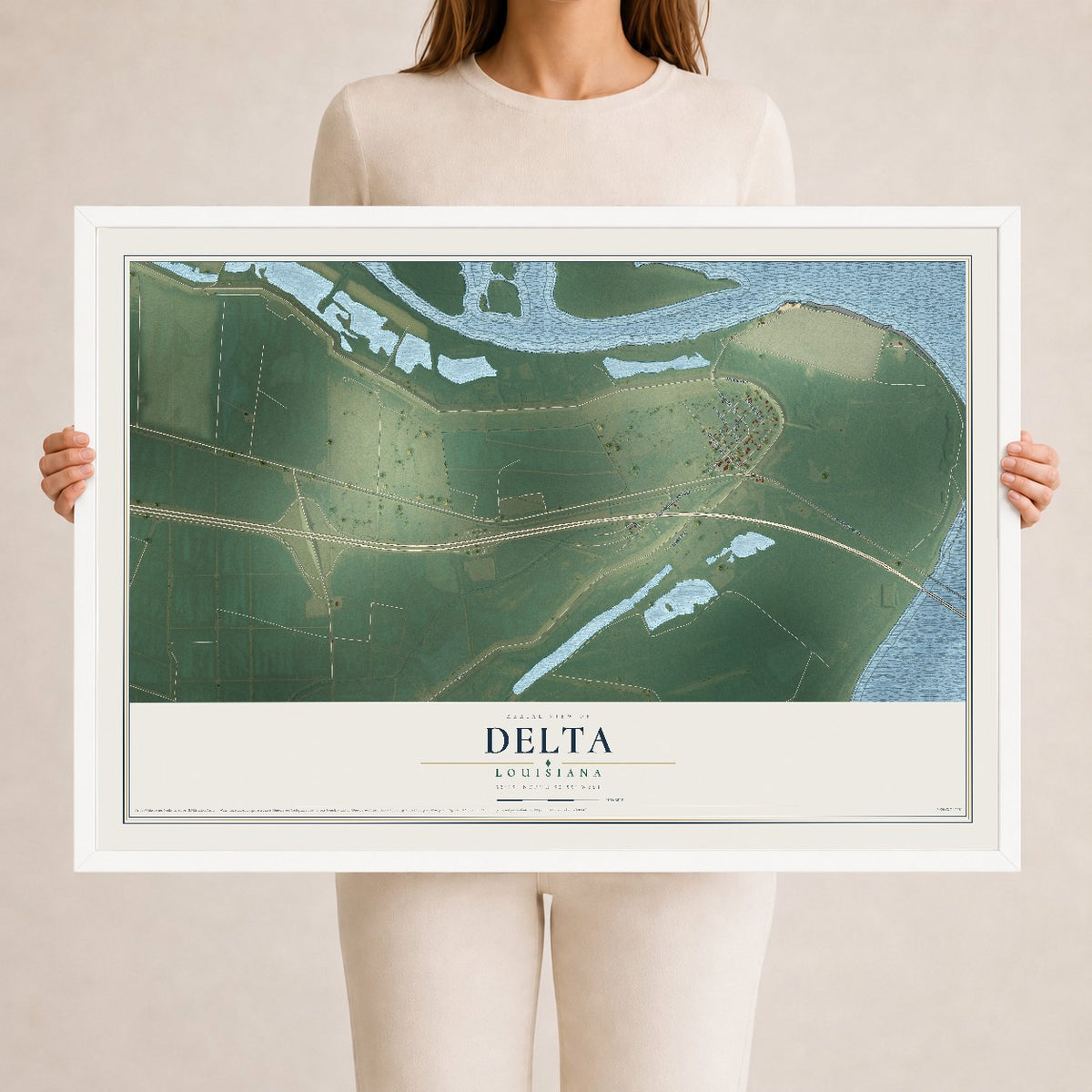 Map of Delta, Louisiana, 24 x 36 inch print in a white wood frame