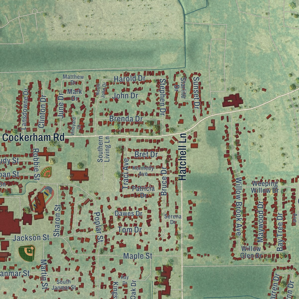Second close-up of the map of Denham Springs, Louisiana print showing more streets and buildings
