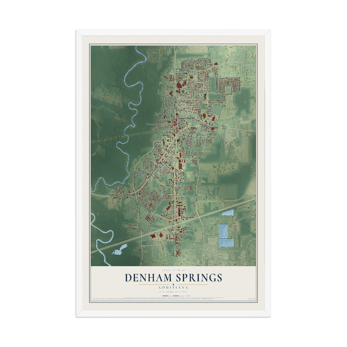 Map of Denham Springs, Louisiana, 12 x 18 inch print in a white wood frame