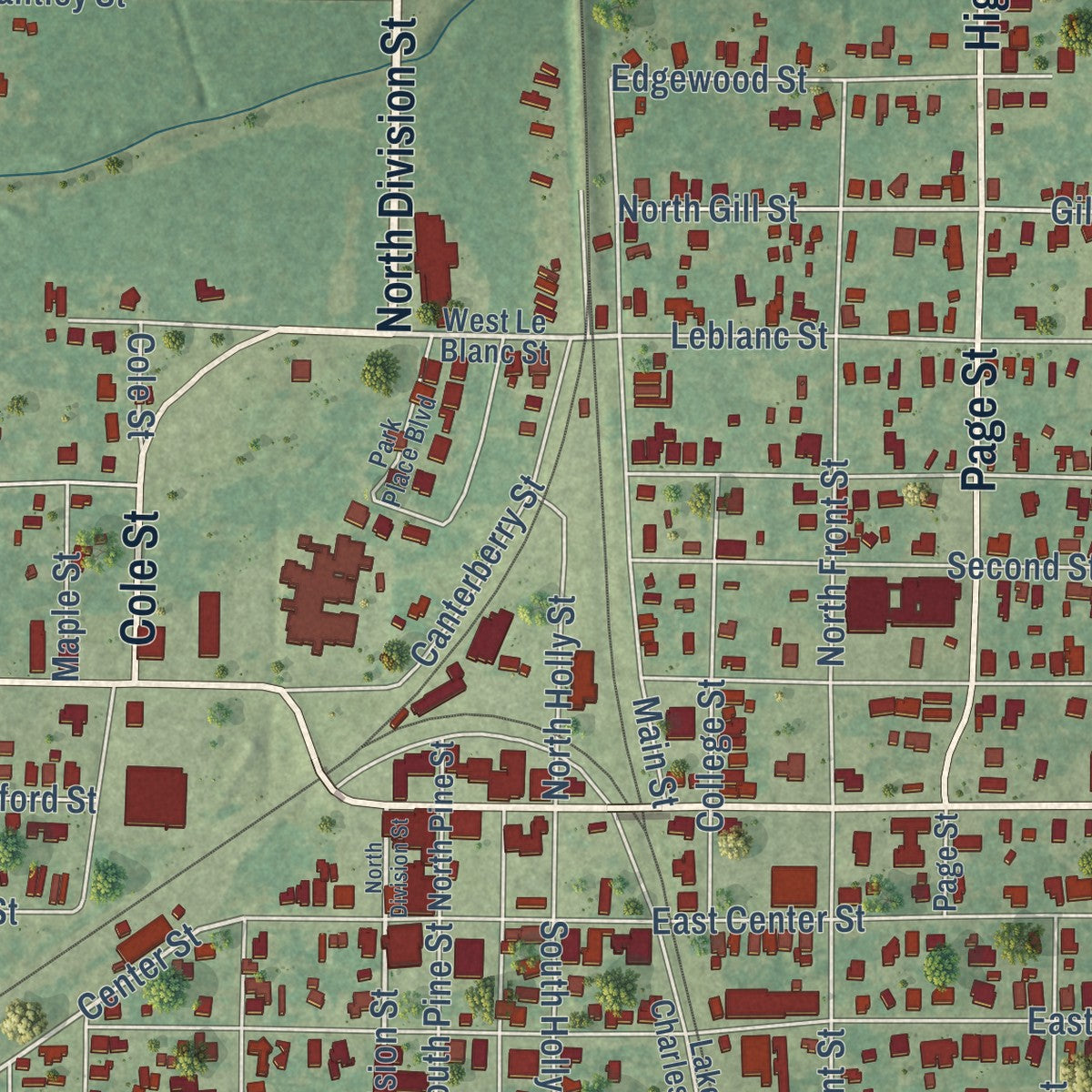 Close-up of the map of DeQuincy, Louisiana print showing street and building detail